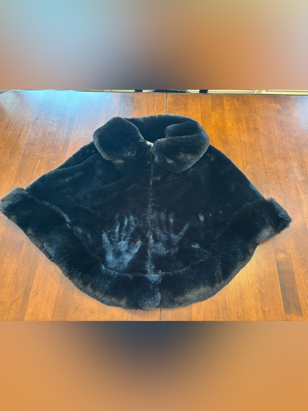 La Fiorentina Black Faux Fur Cape with Rounded Collar and Plush Hem